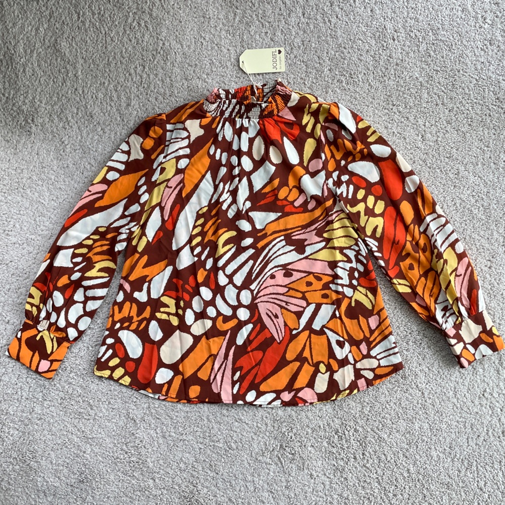 JODIFL Butterfly Brown Orange Colorful High Neck Long Sleeve Blouse Size Medium - Picture 4 of 10